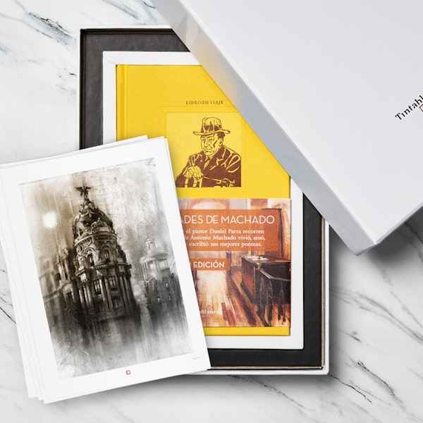 Caja Blanca de LAS CIUDADES DE MACHADO + Colección de ocho láminas seleccionadas del libro en formato A5 - Tintablanca